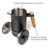 French press, durable simulated wood grain handle and polished stainless steel construction.